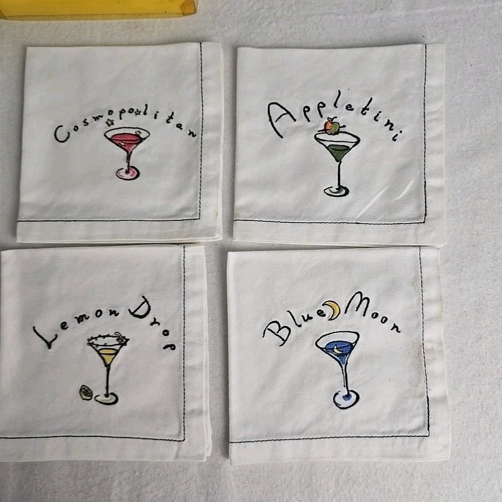 Pottery Barn VTG Embroidered Martini 8 Cocktail Napkins‎ Party